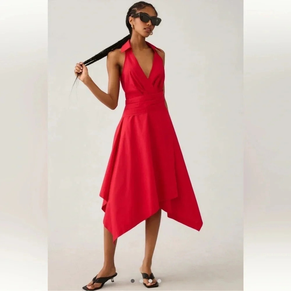 Maeve Anthropologie Red Asymmetrical Wrap Shirt Dress 12 NWT